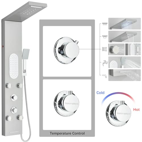 Luxury Shower Tower System with LED Shower Head, 5 Functions Shower Panel Tower System with 4 pcs Body Massage Jets,Stainless Steel Wall Mount Massage Shower Panel Tower System Brushed Nickel - color: Brushed-8125