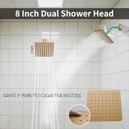 Brushed Gold Shower System with 3 Rain Shower Head(12+8+8 inch), Handheld Spray, 4 Way Smart Temperature Display Shower Faucet set - color: Brushed Gold, size: 12+8+8 inch