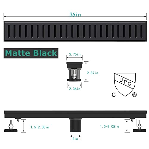 BARONAGE 36 Inch Linear Shower Drain, Capsule Grate, Matte Black | V-shaped Rapid Linear Drains, Rustproof, Hair Catcher, 304 Stainless Steel Rectangle Shower Floor Drain For Bathroom - size: 36 Inch
