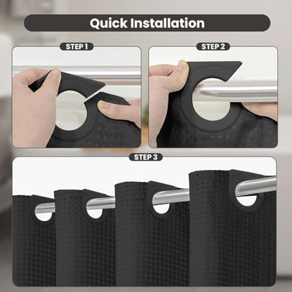Inhousolu No Hook Shower Curtain with Removable Snap-in Liner, Waffle Weave 230 GSM Polyester, Weighted Hem, Water Repellent Washable, 72 x 78 Inch, Black - color: Black, size: 72"W x 78"L (Pack of 1)