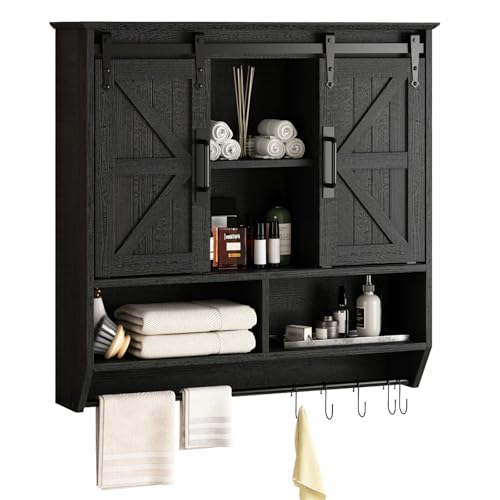 RUSTOWN Farmhouse Bathroom Wall Storage Cabinet with Sliding Barn Doors | 3-Tier, Rustic Wood Wall Mounted Cabinets, Vintage Medicine Cabinet, Adjustable Shelves, Over The Toilet Storage Cabinet - color: Black