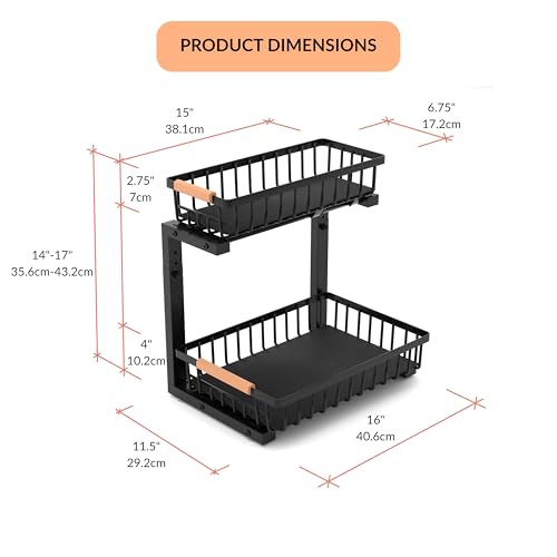 Under Sink Organizer with Pull-Out Drawers, 5-Level Adjustable Height 14"–17", 2-Tier Cabinet Storage, 4 Suction Cups, Nano-Grip Base, Sliding Baskets, Heavy-Duty Steel, Kitchen & Bathroom
