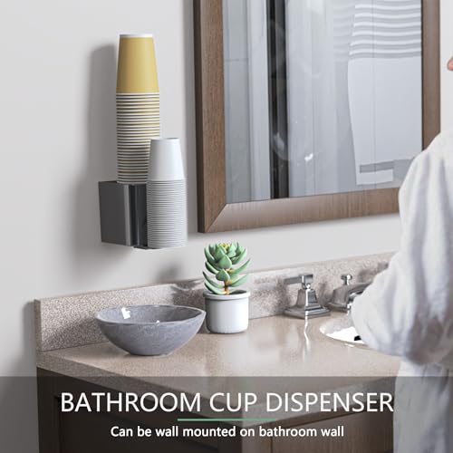 Cup Dispenser for Water Cooler Wall Mount 2 Seats, Dark Gray | Holder for 2-16 OZ Paper & Plastic Disposable Cups, Adhesive Cup Holder for Water Cooler, Coffee Station, Office, Bathroom - color: Dark gray
