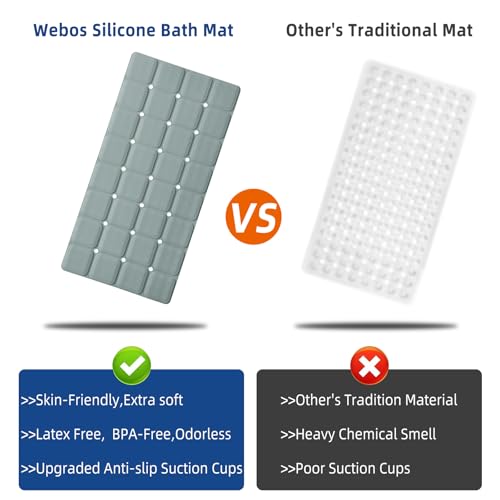 Webos Silicone Bath Mat with Suction Cups – Non-Slip Foldable Bathtub & Shower Mat, Durable & Quick-Dry Safety Tub Mat with Large Drain Holes for Families 28"x 14" Grey - color: Grey, size: 28" x 14" (Rectangular)
