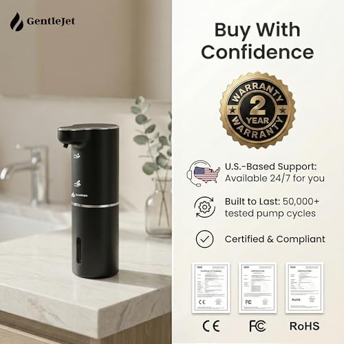 GentleJet JetFoam Automatic Foam Soap Dispenser Touchless Sensor, USB-C Rechargeable, Adjustable Output, IPX5 Waterproof, 300 ml, Bathroom & Kitchen Countertop - color: Black