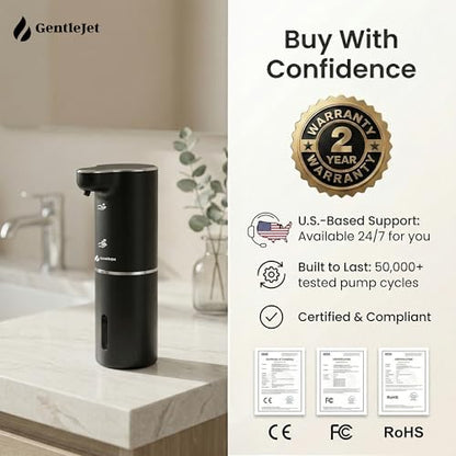 GentleJet JetFoam Automatic Foam Soap Dispenser Touchless Sensor, USB-C Rechargeable, Adjustable Output, IPX5 Waterproof, 300 ml, Bathroom & Kitchen Countertop - color: Black
