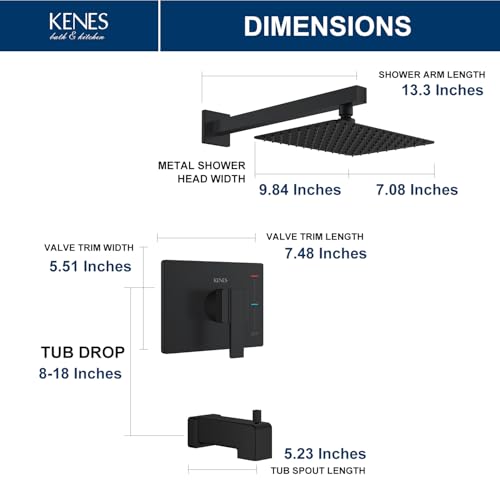 KENES Matte Black Shower Set with Tub Faucet, Square Tub Shower Trim Kit | Shower Faucet with 10-Inch Rain Shower Head, Square Shower System, Valve Included, Lead-Free cUPC & NSF Certified, Stainless - color: Matte Black, style: Tub Shower Faucet Set