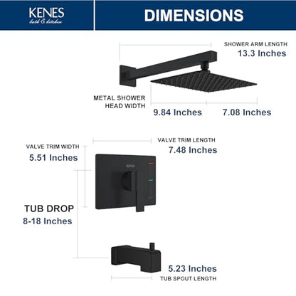 KENES Matte Black Shower Set with Tub Faucet, Square Tub Shower Trim Kit | Shower Faucet with 10-Inch Rain Shower Head, Square Shower System, Valve Included, Lead-Free cUPC & NSF Certified, Stainless - color: Matte Black, style: Tub Shower Faucet Set