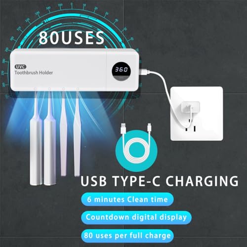 Cordless Toothbrush Holder, Toothbrush Cleaner with 4 Slots & 360s Timer Function, No-Drill Rechargeable Wall-Mounted Toothbrush Holders for Bathroom Family, White