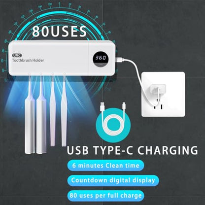 Cordless Toothbrush Holder, Toothbrush Cleaner with 4 Slots & 360s Timer Function, No-Drill Rechargeable Wall-Mounted Toothbrush Holders for Bathroom Family, White