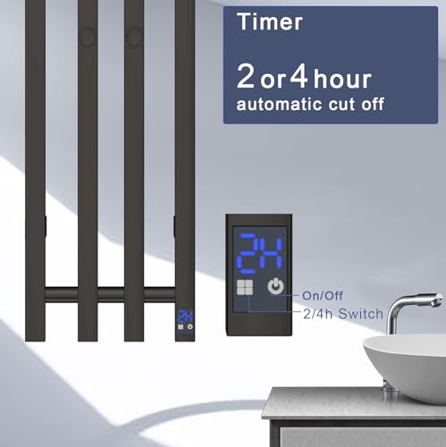 Electric Towel Warmer Rack, Wall Mount 4-Bar Vertical Square, Matte Black Finish