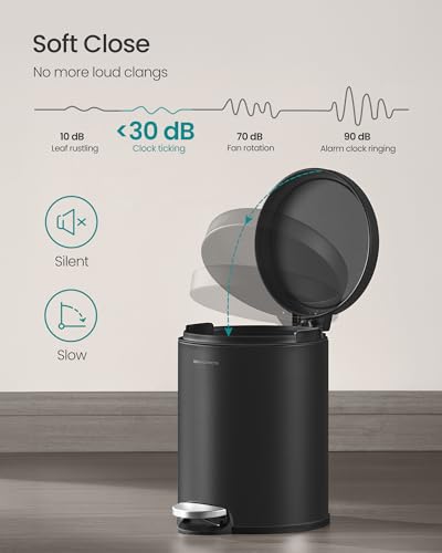 SONGMICS Bathroom Trash Can, 1.6 Gallon (6 L) Small Toilet Garbage Bin with Lid, Soft-Close, Stainless Steel, Pedal, Inner Bucket, Bedroom, Ink Black ULTB016BZ01 - color: Ink Black