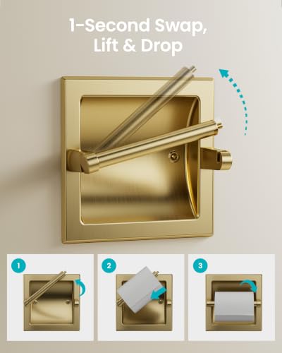 Recessed Toilet Paper Holder Gold, in-Wall, 304 Stainless Steel | Inset Toilet Paper Holder, Spring-Free Pivoting Arm, Space-Saving Flush Mount, Fits Rolls up to 6 in - color: Gold