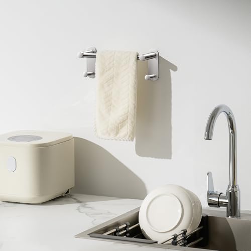9 Inch Adhesive Towel Bar - Stainless Steel Stick on Towel Rack for Bathroom, No Drilling Towel Holder with 2 Hooks, Brushed Nickel - color: Brushed Nickel, size: 9 inch