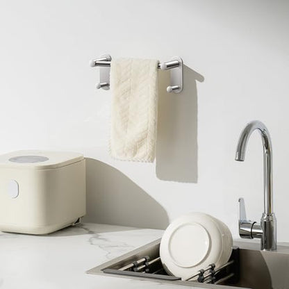 9 Inch Adhesive Towel Bar - Stainless Steel Stick on Towel Rack for Bathroom, No Drilling Towel Holder with 2 Hooks, Brushed Nickel - color: Brushed Nickel, size: 9 inch