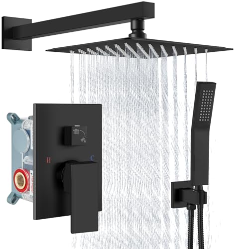 Aolemi Shower Faucet Set with Handheld Matte Black 8 Inch Head | Pressure Balance Shower Valve and Trim Kit,SUS304 Rain Head and Handle System,All Metal,Wall Mount,Bathroom,Handheld Spray - color: Black, size: 8 Inch Wall Mount Shower Head