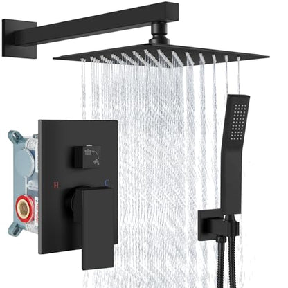 Aolemi Shower Faucet Set with Handheld Matte Black 8 Inch Head | Pressure Balance Shower Valve and Trim Kit,SUS304 Rain Head and Handle System,All Metal,Wall Mount,Bathroom,Handheld Spray - color: Black, size: 8 Inch Wall Mount Shower Head