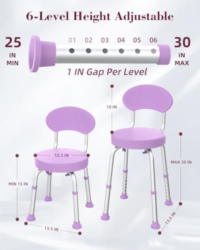 Swivel Shower Chair, 360° Non-Slip Shower Seat with Backrest for Elderly and Disabled, Height Adjustable Rotating Tub Bench for Seniors Bathroom Inside Shower with Compact Frame (Purple) - color: Purple