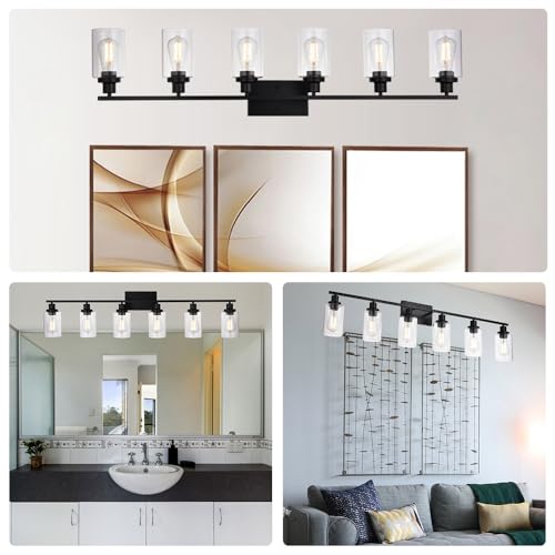 MELUCEE Black Vanity Light Fixture 6-Light with Clear Glass Shade | Industrial Metal Wall Sconce Bathroom Lighting for Bedroom Hallway Kitchen,(Patent No.: US D963914 S) - color: Black, size: 6-Light