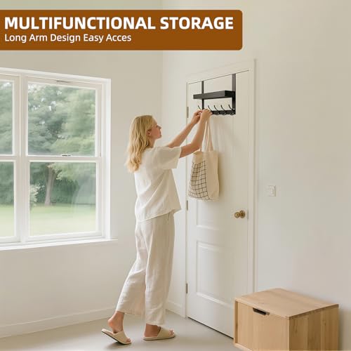 Inmorven Over The Door Hooks Organizer, Hanger Storage with 6 Hooks & 1 Mesh Baskets, Back of Door Storage for Towels, Coats, Clothes - Space Saving Hanging Rack for Bathroom,Living Room,Kitchen