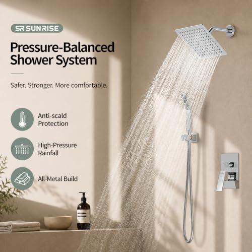 SR SUN RISE Shower System - Shower Faucet Set with 8 Inch Rain Shower Head and Handheld Shower - High Pressure Rain Shower System - All Metal Shower Faucet Trim Repair Kits - Polished Chrome - color: Polished Chrome, size: 8 Inch