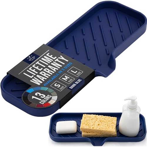 Zulay Kitchen Large Silicone Sponge Holder (12x4) – Flexible Sink Organizer Tray for Kitchen & Bathroom – Multipurpose Soap Dish for Sponges, Makeup, Trinkets & More (Dark Blue) - color: Dark Blue (Large), size: Large (12x4)