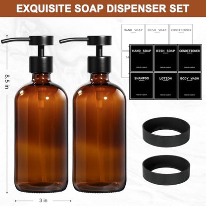 RYTOXILO Hand Soap Dispenser Bathroom 2 Pack, Amber Glass Soap Dispenser with Stainless Steel Pump, 16.9 Fl oz Hand and Dish Soap Dispensers Set for Kitchen, Modern Brown Soap Lotion Dispensers Bottle - color: Amber, size: 2 Pack
