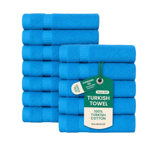SALBAKOS 12-Piece 100% Turkish Cotton Washcloths and Face Towels, Aqua | 13x13 in Standard Size Small Towel, Multi-use Bathroom & Kitchen, Thick Super Soft Absorbent Durable, Oeko-Tex Made in Turkey - color: Aqua, size: 12 Washcloths