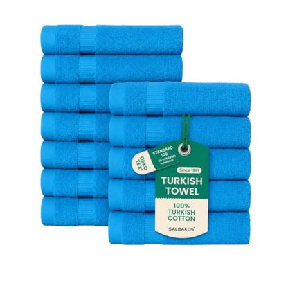 SALBAKOS 12-Piece 100% Turkish Cotton Washcloths and Face Towels, Aqua | 13x13 in Standard Size Small Towel, Multi-use Bathroom & Kitchen, Thick Super Soft Absorbent Durable, Oeko-Tex Made in Turkey - color: Aqua, size: 12 Washcloths