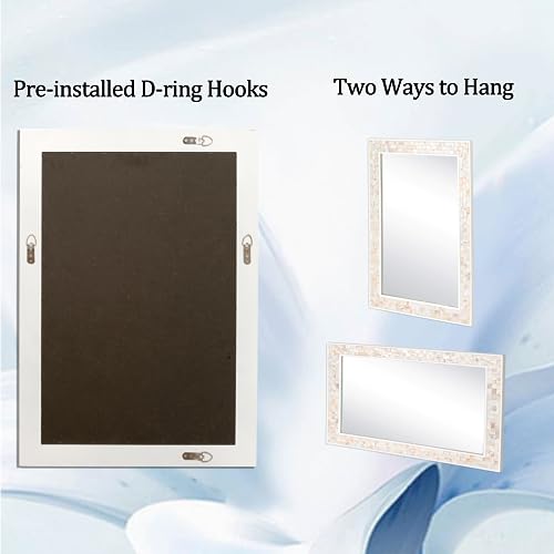 30x40 Inch Large Bathroom Mirror with White Wood Frame | Rectangular Wall Mirror, Handcrafted Mother of Pearl Mosaic Inlay, 3mm Tempered Glass, Horizontal Vertical Wall Mount Decor - size: 40"L x 30"W