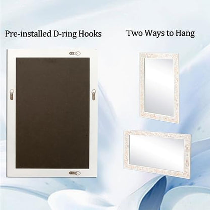 30x40 Inch Large Bathroom Mirror with White Wood Frame | Rectangular Wall Mirror, Handcrafted Mother of Pearl Mosaic Inlay, 3mm Tempered Glass, Horizontal Vertical Wall Mount Decor - size: 40"L x 30"W