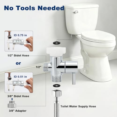 NearMoon Bidet T Adapter with Shut-off Valve, Solid Brass 3-Way T Valve for Toilet, 7/8" x 7/8" x 1/2" or 3/8" Tee Connector, Heavy Duty Bidet Attachment for Handheld Sprayer (Chrome Finish)
