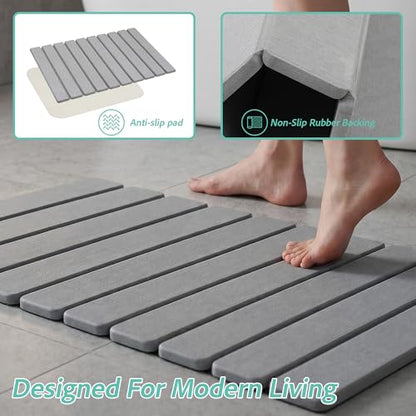 Foldable Stone Bath Mat, Diatomaceous Earth Non-Slip Shower Mat, Super Absorbent Quick Dry Bathroom Floor Mat, Compact for Small Bathrooms, 23.6 x 15.4 Inch, Grey