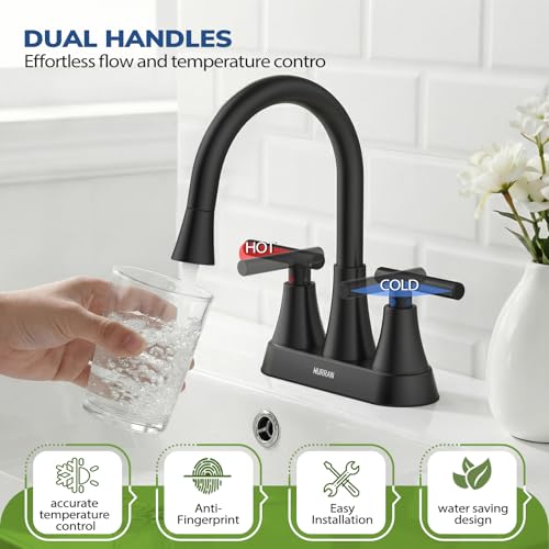 Centerset Bathroom Faucet with Pull Out Sprayer, 4 Inch 2 Handle Sink Faucet with Pop Up Drain, Stainless Steel Vanity Faucet with 2 Supply Hoses, Matte Black - color: Matte Black, size: 4 IN