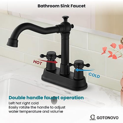 gotonovo 4 Inch Centerset Bathroom Faucet 2 Cross Handles Deck Mount 2 Hole Lavatory Vanity Utility Mixer Tap with Water Supply Hoses and Pop Up Drain RV Farmhouse, Matte Black - color: Matte Black