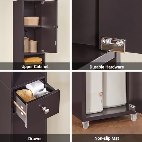 SoBuy Bathroom Storage Cabinet Adjustable Shelves, Tall Narrow, Brown | Freestanding Cupboard With Adjustable Shelves, Space-Saving Storage For Tiny Bathroom Gaps, BZR34-BR - color: Brown