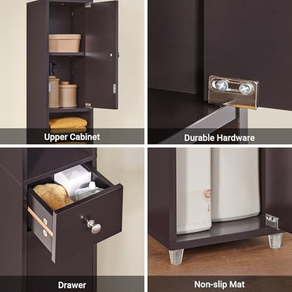 SoBuy Bathroom Storage Cabinet Adjustable Shelves, Tall Narrow, Brown | Freestanding Cupboard With Adjustable Shelves, Space-Saving Storage For Tiny Bathroom Gaps, BZR34-BR - color: Brown