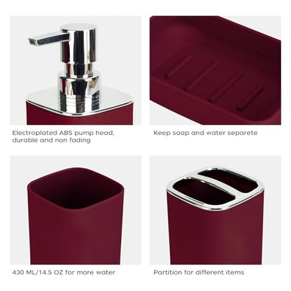 4Pcs Burgundy Bathroom Set, Square Boho Soap & Toothbrush Holder Set | Thick shatterproof ABS, electroplated rust-proof pump, drip-free, multi-slot holder, dustproof lids, easy-clean - color: Burgundy, size: 4PCS