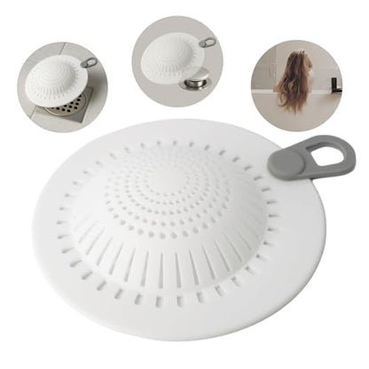 Shower Drain Hair Catcher & Bathtub Drain Hair Catcher, Silicone Drain Hair Catcher with Raised Dome Keeps Draining, Fits Flat & Pop-Up Drains, No-Curl Silicone, No-Touch Pull Tab (White)