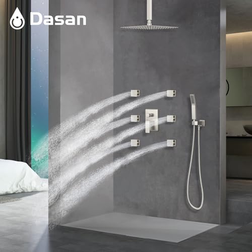 DASAN Full Body Shower System with 6 PCS Body Spray Jets & 12'' Rain Shower Head & Handheld, Ceiling Mount Rain Shower System Brushed Nickel Shower Faucets Sets Complete with Valve, SA-SS03ABN-S12C - color: Brushed Nickel