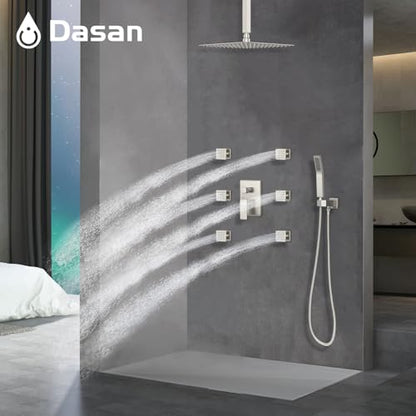 DASAN Full Body Shower System with 6 PCS Body Spray Jets & 12'' Rain Shower Head & Handheld, Ceiling Mount Rain Shower System Brushed Nickel Shower Faucets Sets Complete with Valve, SA-SS03ABN-S12C - color: Brushed Nickel