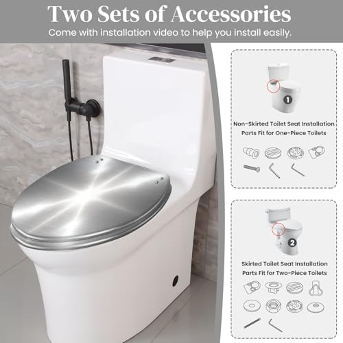Elongated Toilet Seat Silver Brushed metal Resin Toilet Seat Quietly Close Quick Release Hinges with Cover Bumpers Decorative Easy to Install Clean