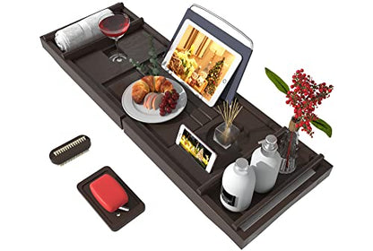 Bathtub Caddy Tray for Luxury Bath - Bamboo Waterproof Expandable Bath Table Over Tub with Wine and Book Holder and Free Soap Dish (Brown) - color: Brown