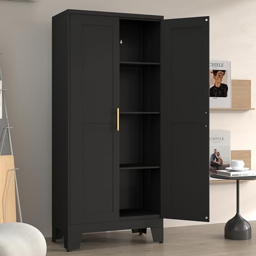 Winiowa Metal Pantry Cabinet with 2 Doors and Adjustable Shelves, 61"Kitchen Storage Cabinet with Gold Handles, Versatile Storage for Laundry, Living, Bathroom, Dining, Utility Room - Black - color: 2d-black, size: 13.78"D x 27.55"W x 61.02"H
