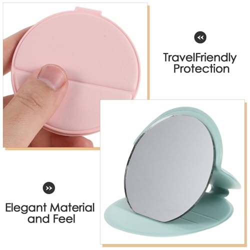 4pcs 2.76 Inch Mini Folding Mirror - Round PU Leather Vanity Desktop Standing Mirror with Frame for Home Countertop Travel Makeup Use Pink, Green