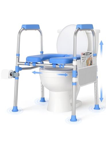 Padded Toilet Seat Riser for Seniors FSA/HSA Eligible, Adjustable Safety Frame Raised Toilet Seat with Handles, Heavy Duty Bariatric Recovery Elderly Assistance Products, Fits Round & Elongated - color: Light Blue