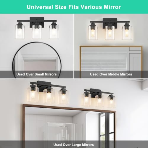 Matte Black Bathroom Vanity Light, 3-Light Modern Vanity Lighting Fixtures Over Mirror with Clear Glass Shade,Square Design,Wall Sconces for Living Room Cabinet Bedroom,E26 Socket - size: 3-Light