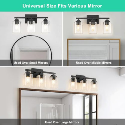 Matte Black Bathroom Vanity Light, 3-Light Modern Vanity Lighting Fixtures Over Mirror with Clear Glass Shade,Square Design,Wall Sconces for Living Room Cabinet Bedroom,E26 Socket - size: 3-Light