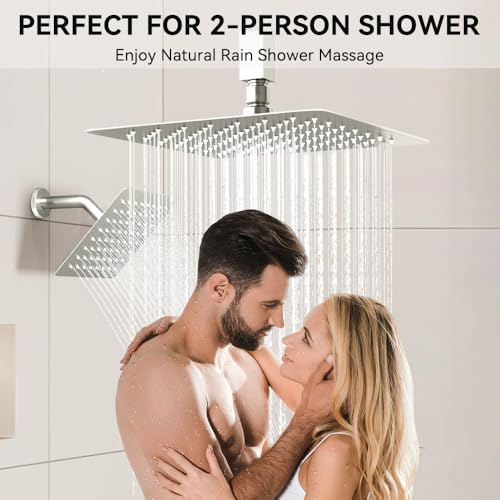 Shower Faucets Sets Brushed Nickel Shower System,12" Ceiling Rainfall Shower and 6" Wall Mount with 2 in 1 Handhled, Can Use All at Once, Thermostatic Shower Set with Valve and Trim Kit - color: Brushed Nickel, size: 6+12 inch-11
