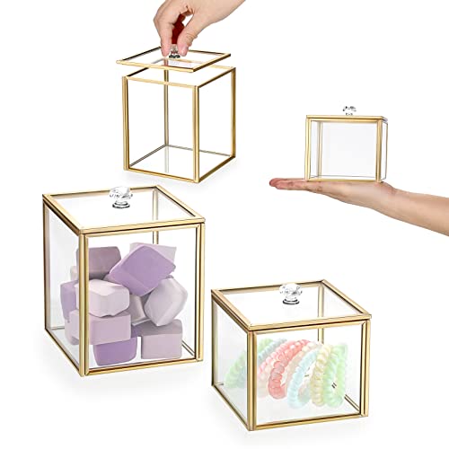 Hipiwe 2 Pack Glass Qtip Holder Dispenser With Lid Gold Bathroom Containers | Vanity Canisters for Cotton Balls Makeup Sponges Bath Salts Candles, Countertop Storage Organizer Jar